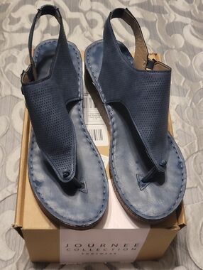 Journee Collection Blue Perforated Leather Slingback Sandals